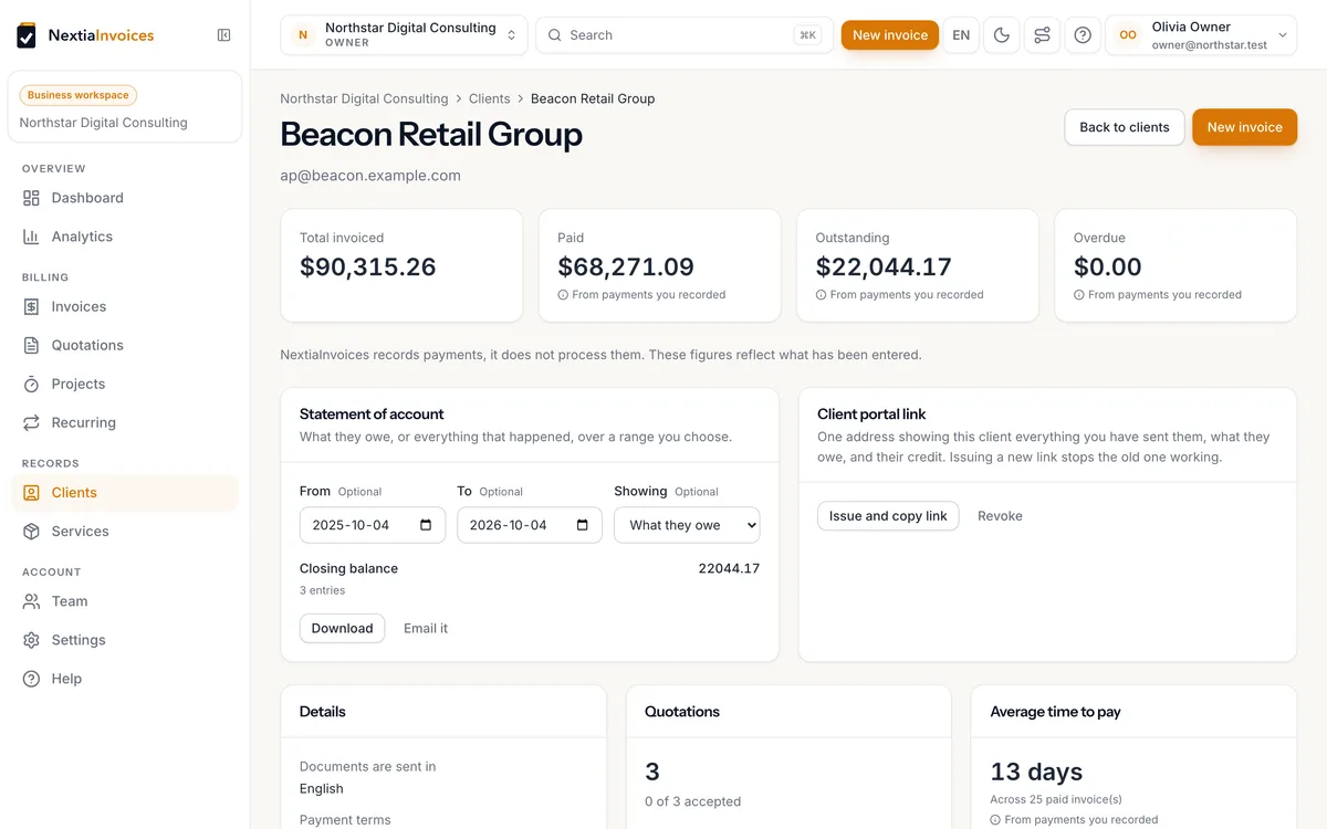 Client page with total invoiced, paid, outstanding, statement of account and portal link