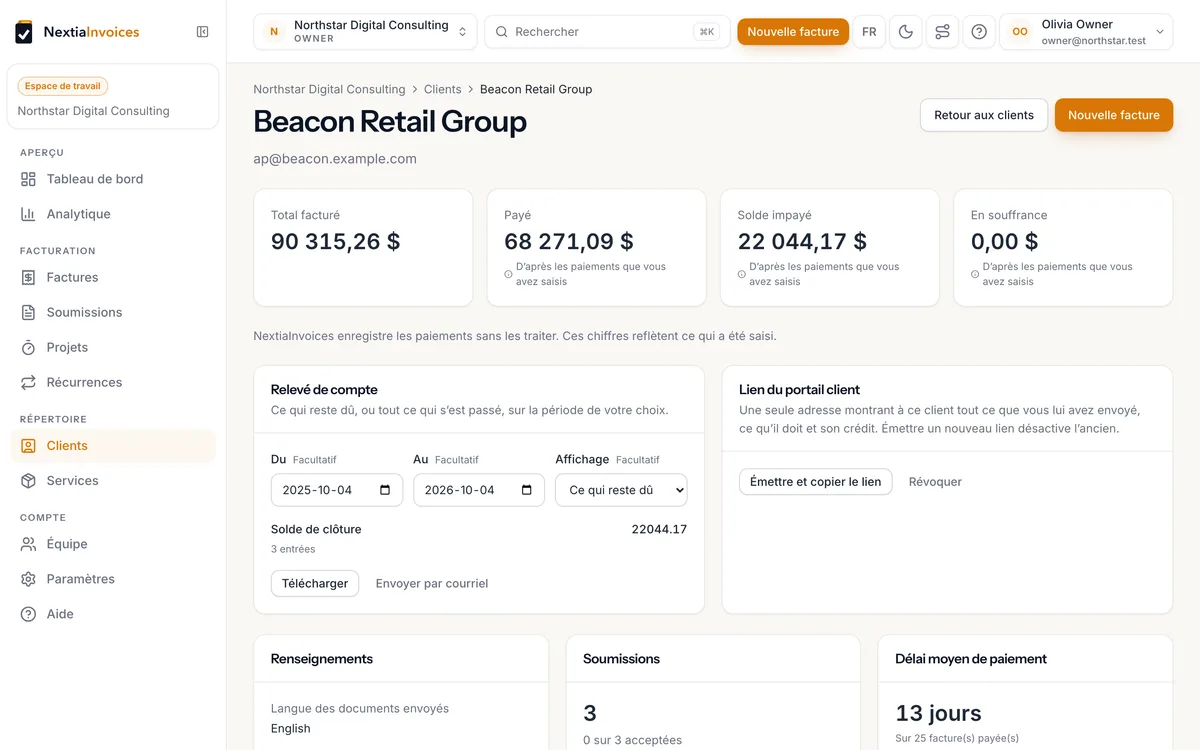 Fiche client avec total facturé, payé, solde dû, relevé de compte et lien de portail