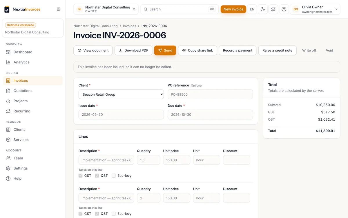 Invoice editor with line items, a live tax breakdown and running totals
