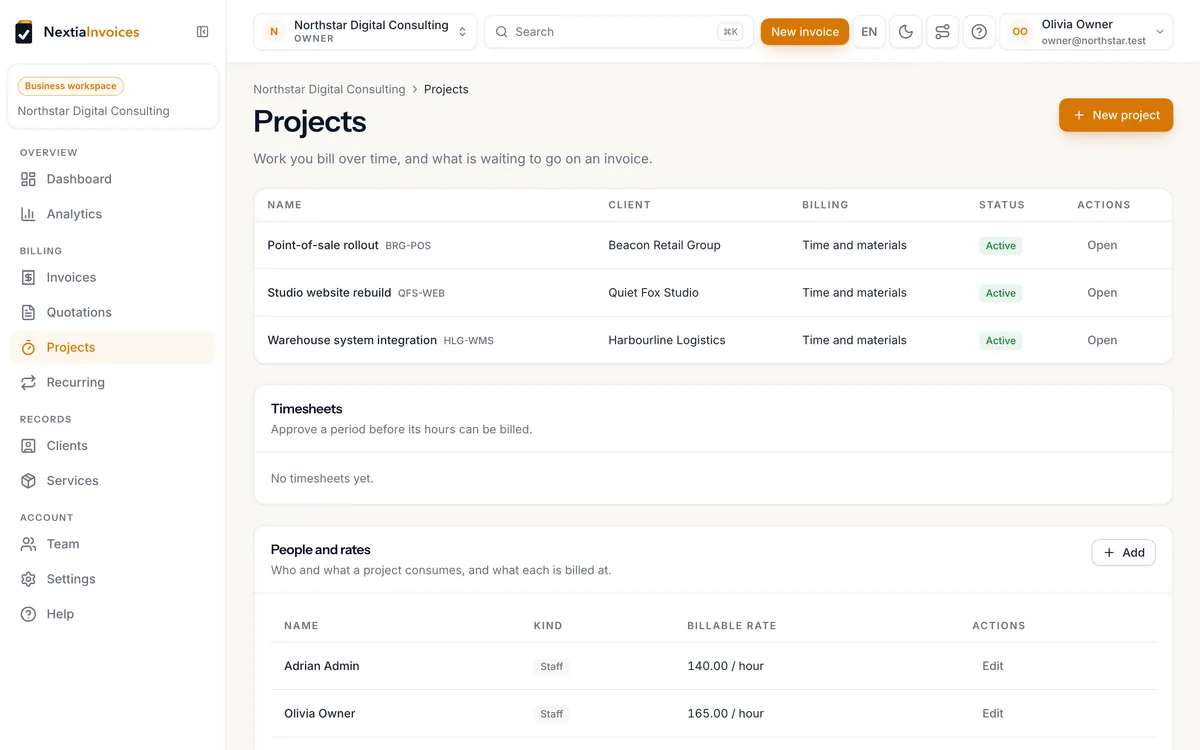 Projects list with client, billing method and status, and people with their hourly rates