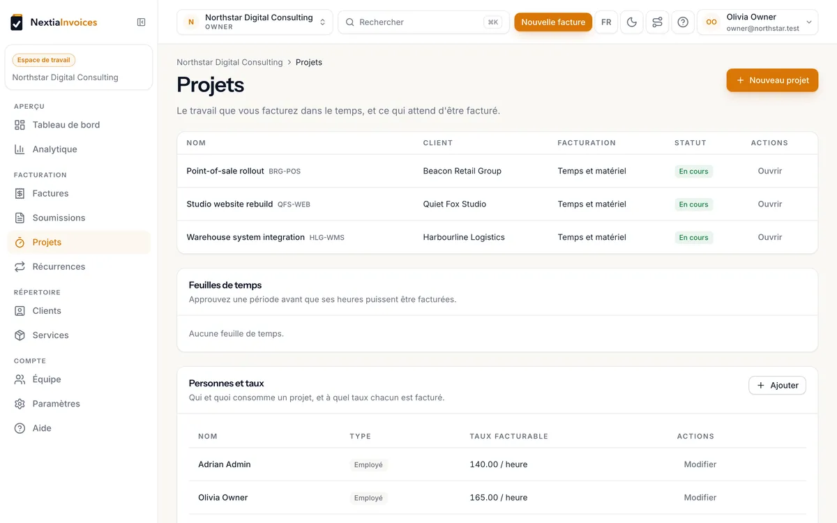 Liste des projets avec client, mode de facturation et statut, et les personnes avec leur taux horaire