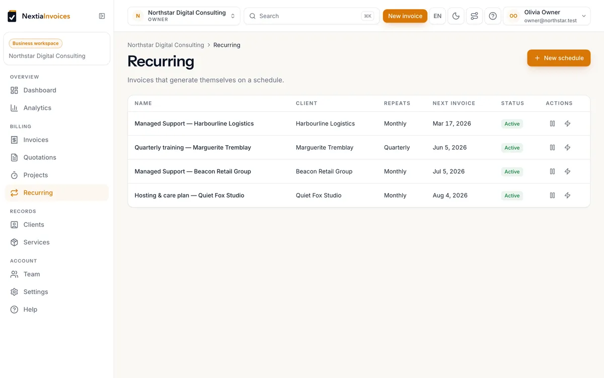 Recurring schedules with client, frequency, next invoice date and status