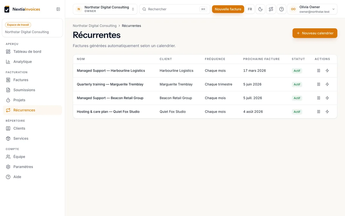 Calendriers récurrents avec client, fréquence, prochaine facture et statut