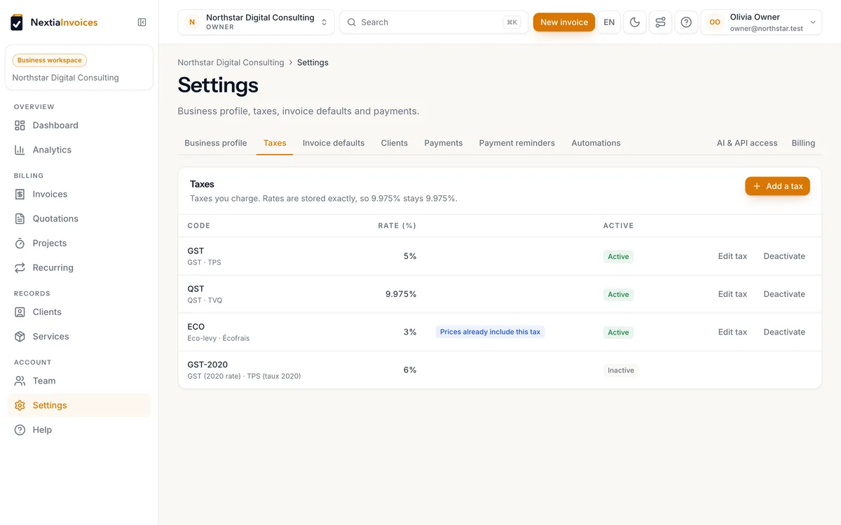 Tax settings listing GST, QST and a custom levy with their rates