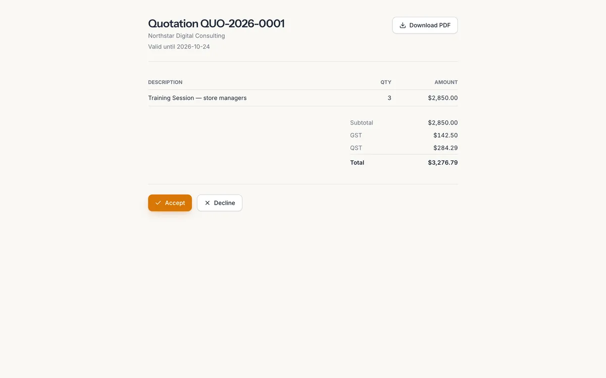 Une soumission telle que le client la voit, avec les boutons Accepter et Refuser