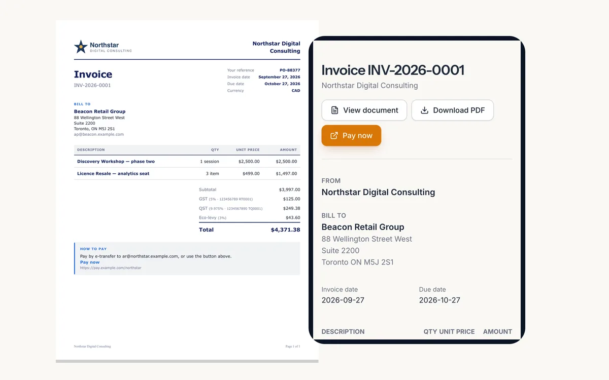 Branded invoice PDF beside the same invoice opened on a phone with a Pay now button